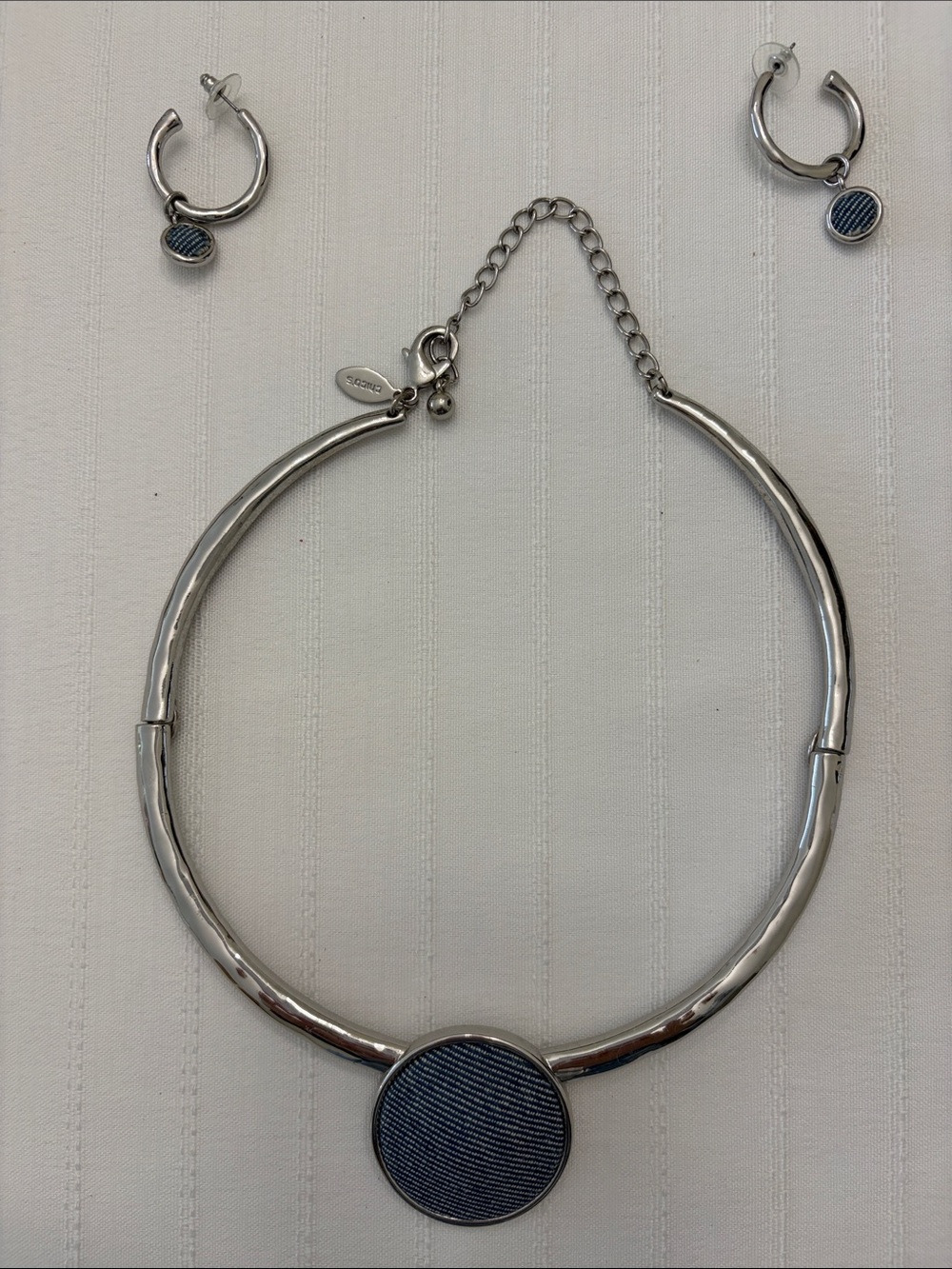 Chico's Silver-Tone Necklace and Hoop Earring Set with Blue Disc Accents